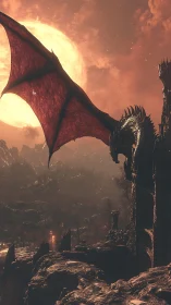 Midnight dragon keeping quiet watch beneath a molten moon.