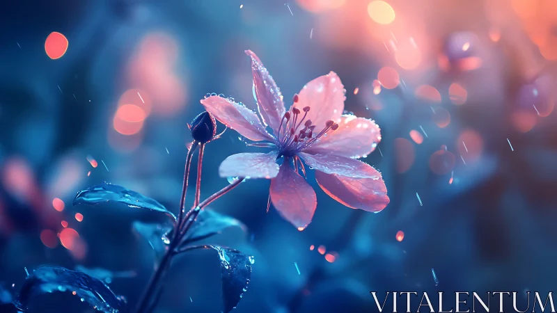 Pink Blossom Wet Petals Rain Bokeh Light.