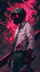 Digital painting of masked slasher with neon bloodscape backdrop.