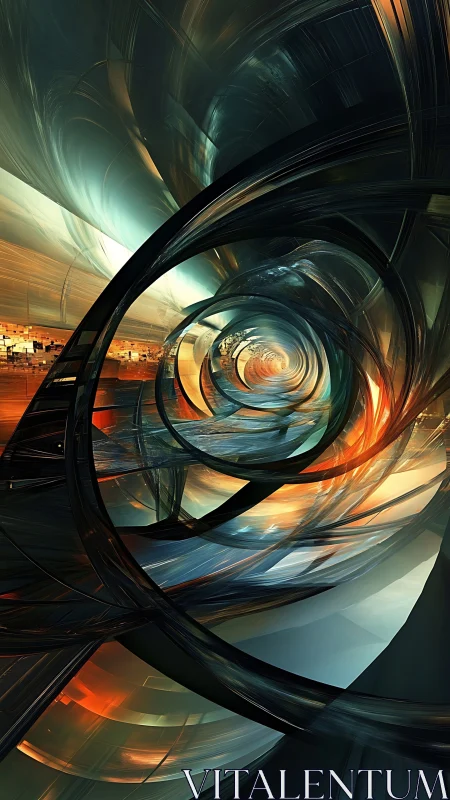 Layered metallic tunnel with spiraling reflective structures.