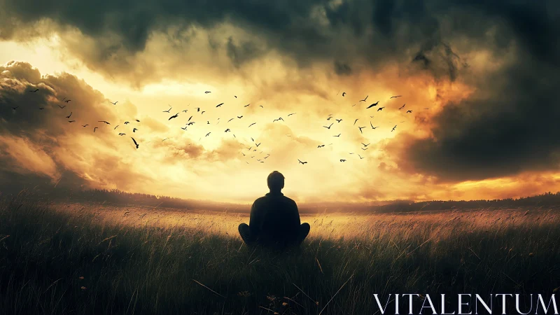 Solitary figure watches stormlit sky ignite with soaring birds.