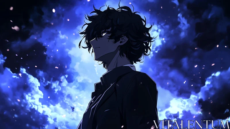 Brooding anime hero stands before storm of ethereal blue light