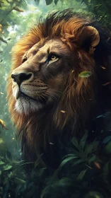 Majestic lion portrait in lush green jungle light.
