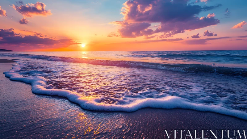 Sunset horizon over calm sea with foamy shoreline waves.