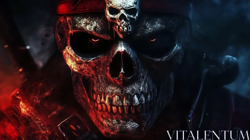 Ember-eyed pirate skull captain stalking the burning fog.