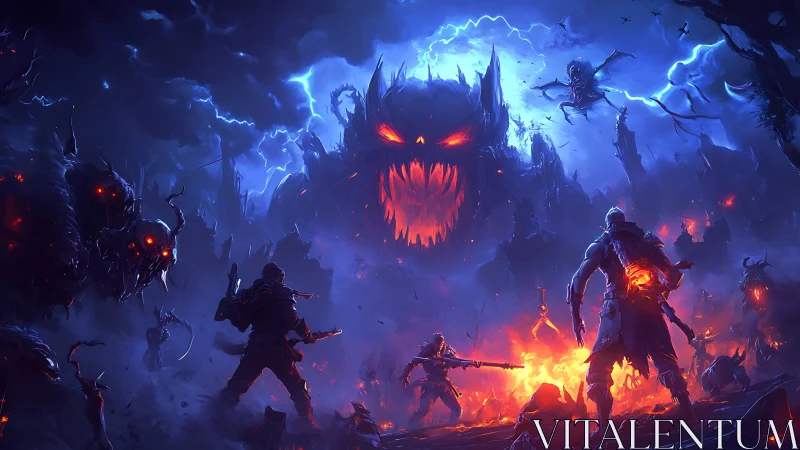 Human warriors confronting colossal demonic entity at night.