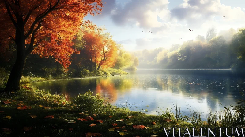 Digital painting of autumn lakeside canopy and luminous reflections.