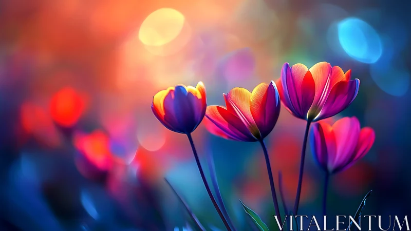 Vibrant tulips bloom through dreamlike bokeh and colorful light.