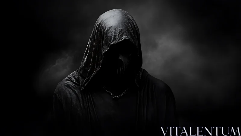Mysterious hooded figure emerging from deep swirling shadows.