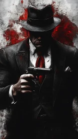 Suited figure holds handgun against textured red backdrop