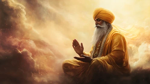 Golden-robed sage sits in peaceful meditation among soft clouds