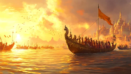 Golden sunset fleet approaching ornate riverside palace.