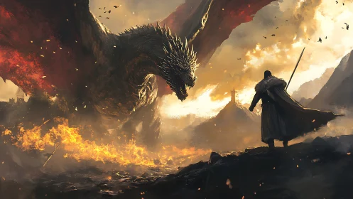 Firelit titan stoops to challenge a lone, unyielding warrior