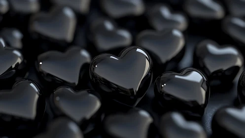 Glossy Black Hearts in Dimensional Array. Reflective Polymer Sculpture.