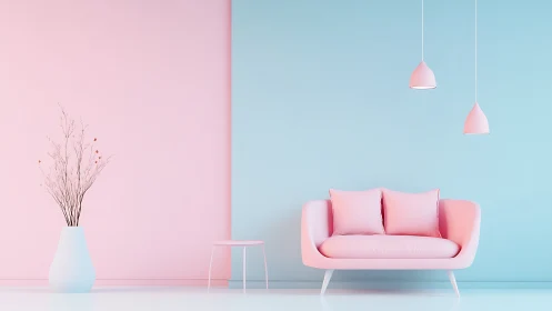Soft pastel living room with cozy pink sofa and calm light.