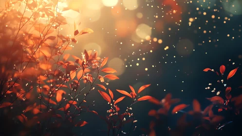 Autumn leaves glow under dreamy golden evening light.