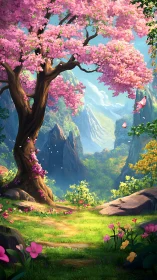 Blossoming spring tree in bright valley landscape scene.