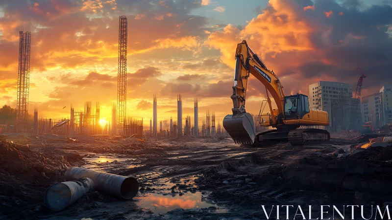 Golden sunset glows gently over a busy urban construction site