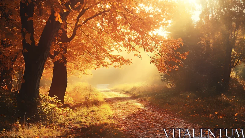 Backlit autumn forest trail under warm diffused sunrise light