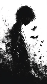 Monochrome anime silhouette dissolving into ink chaos.