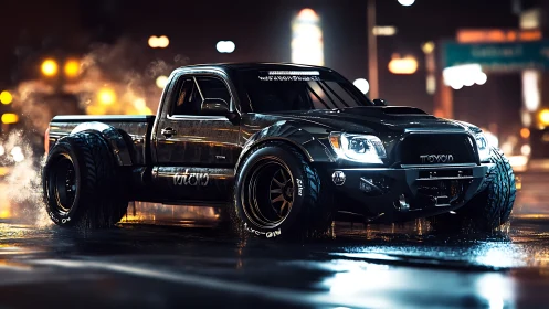 Modified black pickup truck on wet neon city street at night.