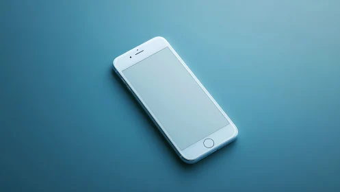 White smartphone displayed on blue background surface.