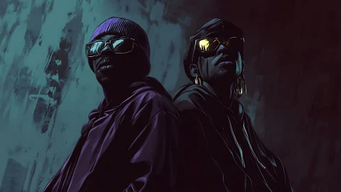 Neo-noir hip-hop duo portrait in moody digital chiaroscuro.