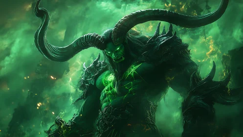 Demonic warlord in toxic green inferno, glowing runes.