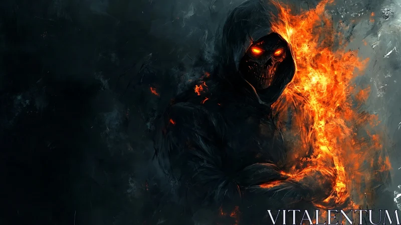 Hooded skeletal figure is rendered with asymmetric flame overlay