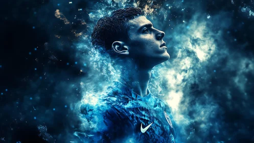 Electric blue dream of a focused football prodigy in motion.