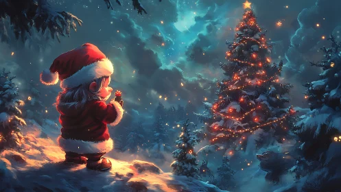 Tiny Santa dreamer lights up a moonlit enchanted Christmas forest.