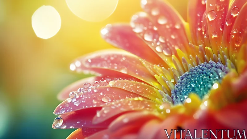 Gerbera daisy petals with water droplets and warm backlighting.
