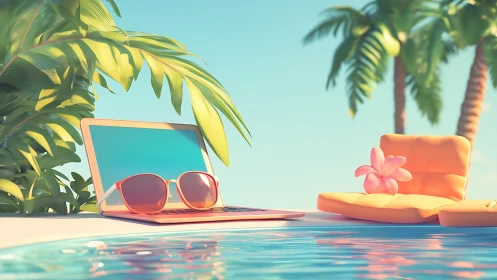 Laptop by pool with sunglasses and tropical lounge chair.