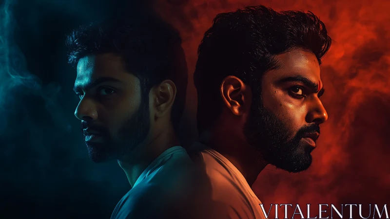 Moody dual portrait glowing in cool blue and warm red light.