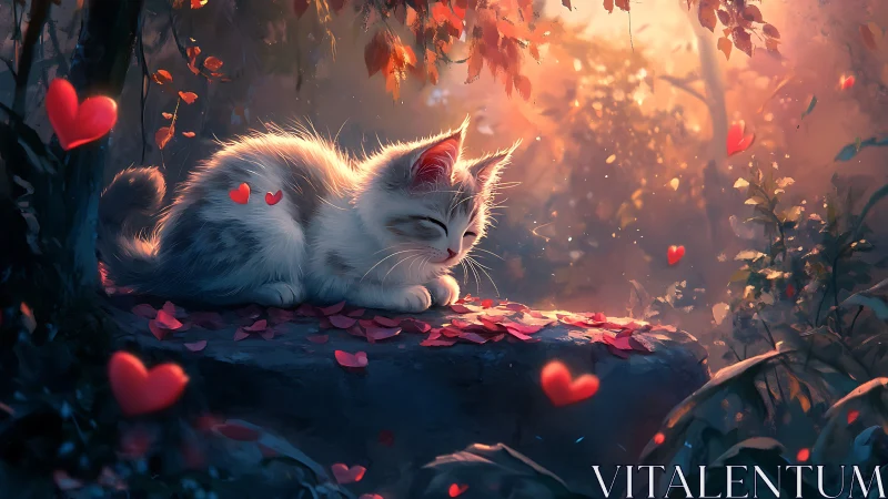 White feline figure positioned on surface amid floating heart shapes.