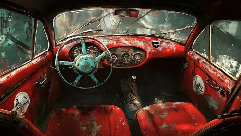 Rusty red classic car interior rendered in digital detail