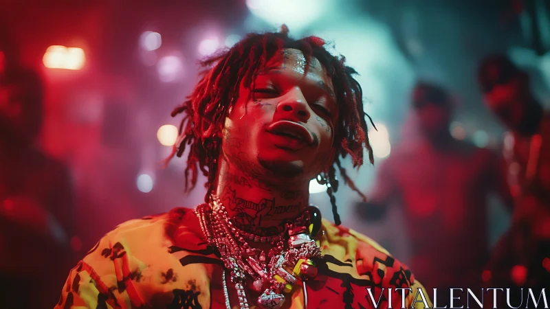 Tattooed rapper glows under neon club lights in bold portrait