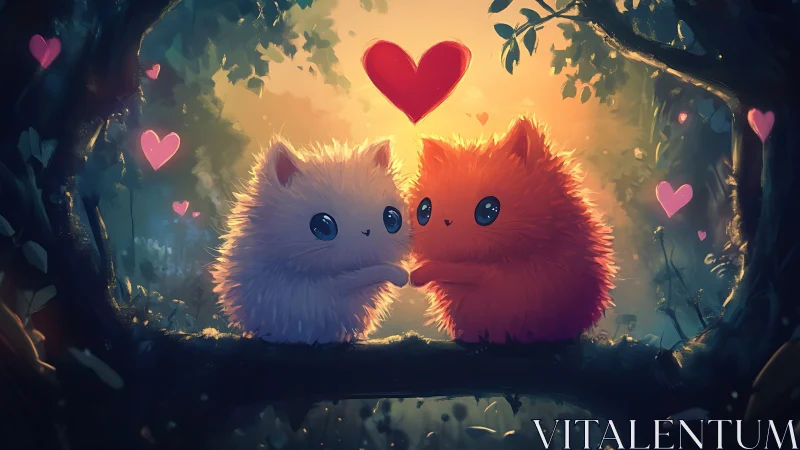 Two Fluffy Kittens Facing Each Other in Glowing Forest.