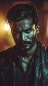 Intense cinematic portrait with teal orange rim lighting.