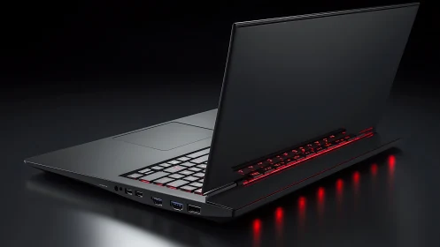 Gaming laptop showcases red backlit keyboard and sleek body.