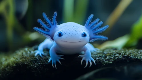 Blue axolotl dreamling with crown of feathery gills.