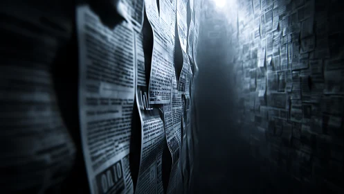 Newspaper maze corridor under distant cold light glow.