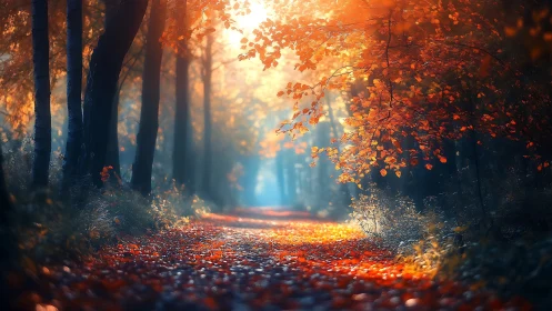 Golden Autumn Path Through Glowing Forest.