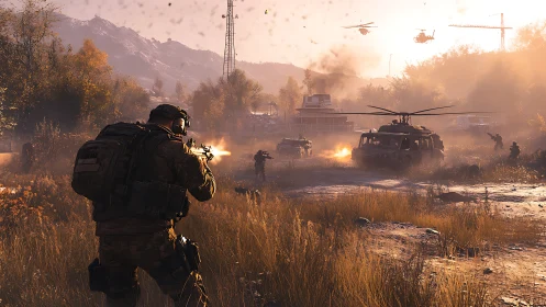 Modern military squad in active combat with helicopters.