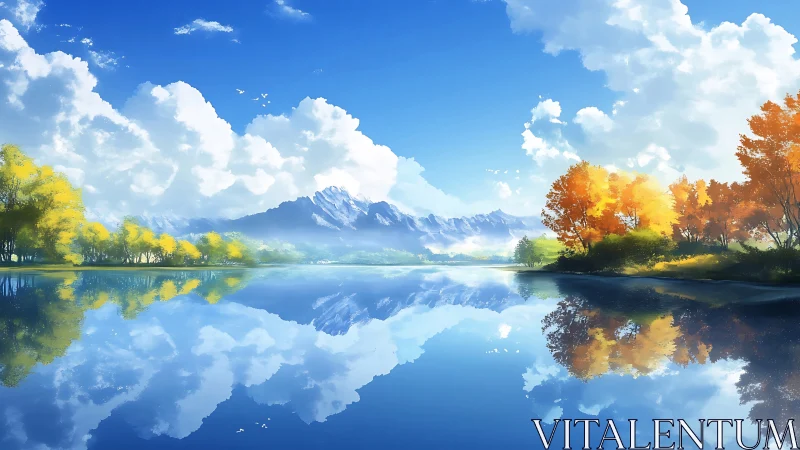 Mountain lake landscape shows mirrored autumn shoreline reflection