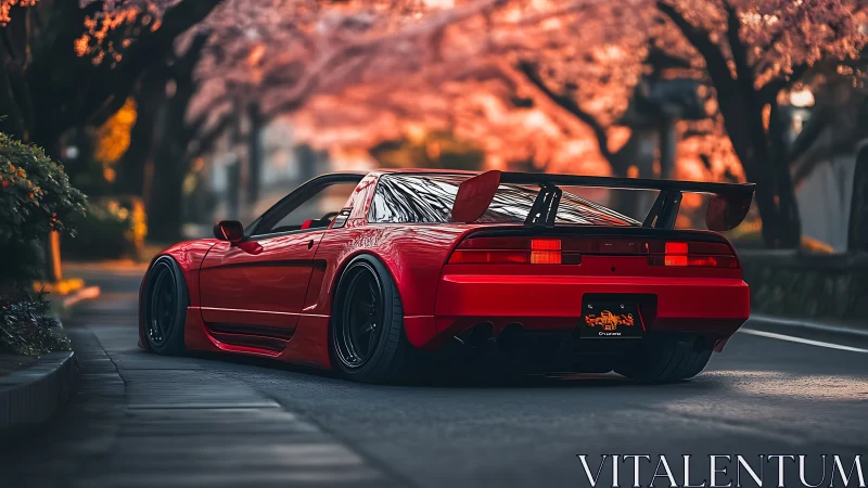 Red modified sports car under soft cherry blossoms street.
