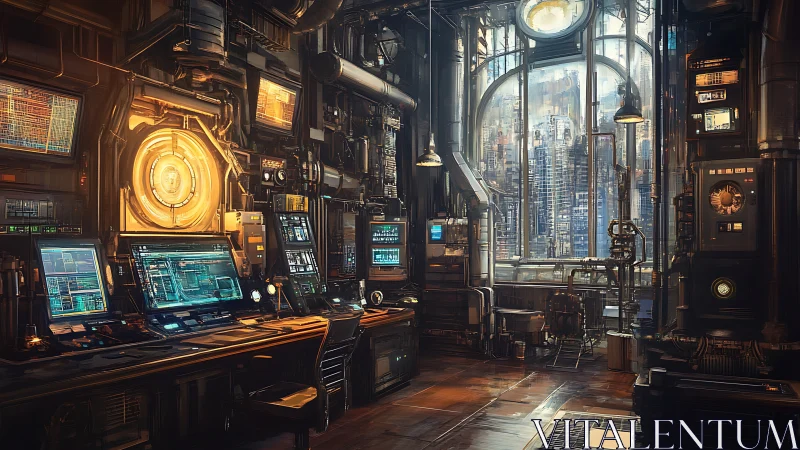 Futuristic control room with urban skyline through window.