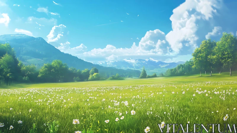 Sunlit alpine meadow under towering summer cumulus clouds.
