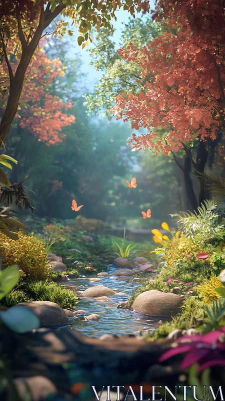 Sunlit forest creek sparkles beneath fluttering orange butterflies