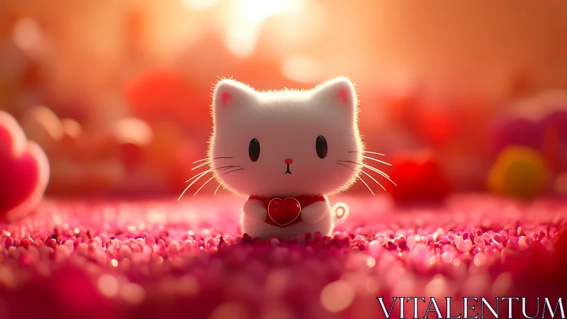 Luminous White Kitten in Radiant Pink Floral Field.